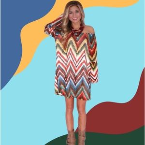 Retro Boho Voll Dress/Tunic Size S Multi Colors Chevron Mini Bell Sleeves